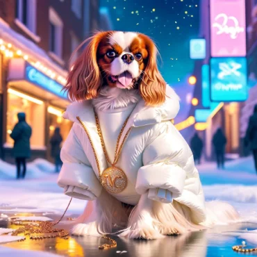 Stylish Cavalier King Charles Spaniel in a puffy jacket and gold chain on a snowy street.