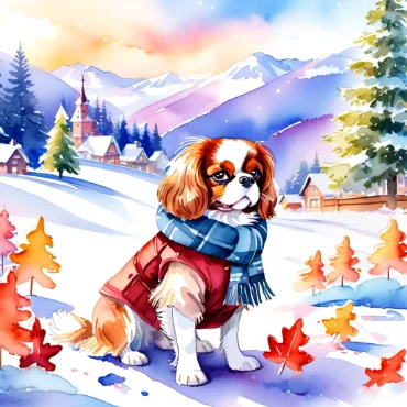 Cavalier King Charles Spaniel dressed warmly in winter scenery with mountains and colorful fall trees.