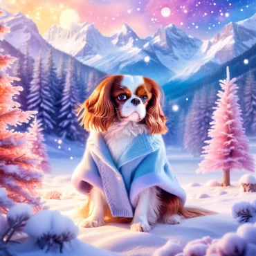 Cavalier King Charles Spaniel in a blue coat, snowy landscape with mountains and pink trees.