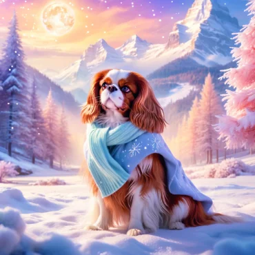 Cavalier King Charles Spaniel in a blue scarf, standing in a snowy landscape with mountains.