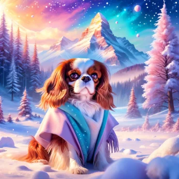 Cavalier King Charles Spaniel in a snowy landscape with colorful sky.