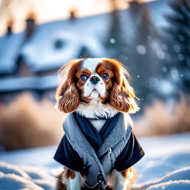 Cavalier King Charles Spaniel in a stylish coat sitting in the snow.