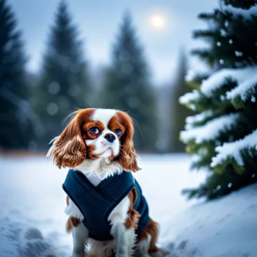 Cavalier King Charles Spaniel in a winter setting with snow and trees.