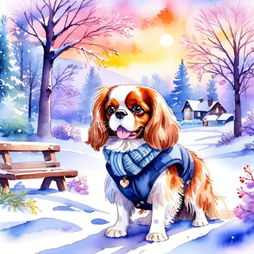 Cavalier King Charles Spaniel in winter scenery with snow and sunset.