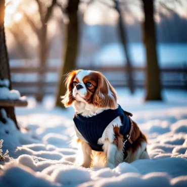 Cavalier King Charles Spaniel standing in the snow with a blue vest.