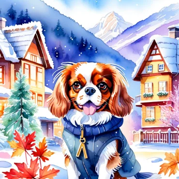 Cavalier King Charles Spaniel wearing a coat in a snowy village scene.