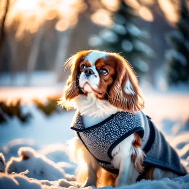 Cavalier King Charles Spaniel wearing a coat in the snow during sunset.