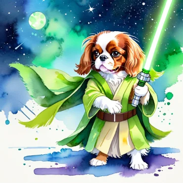 Cavalier King Charles Spaniel as a Yoda dog, wielding a lightsaber in a colorful galaxy.