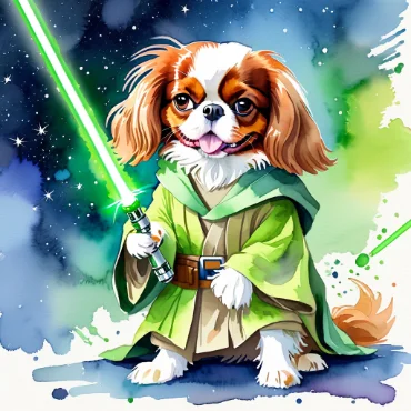 Cavalier King Charles Spaniel as a Yoda, holding a lightsaber in a colorful space background.