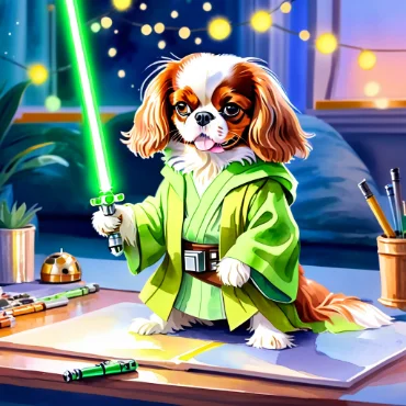 Cavalier King Charles Spaniel dressed as a Yoda, holding a lightsaber in a vibrant room.