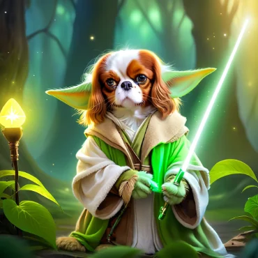 Cavalier King Charles Spaniel dressed as a Yoda in a mystical forest.