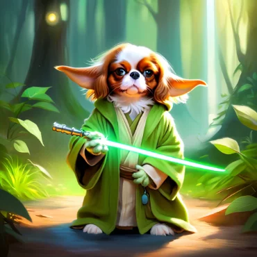 Cavalier King Charles Spaniel dressed as a Yoda, wielding a lightsaber in a lush forest.