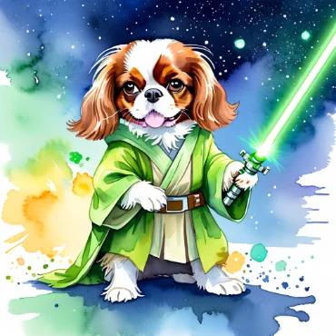 Cavalier King Charles Spaniel dressed as a Yoda with a lightsaber in a colorful space scene.