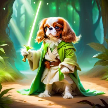 Cavalier King Charles Spaniel dressed as a Yoda with a lightsaber in a forest.