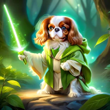 Cavalier King Charles Spaniel in a Yoda outfit, wielding a lightsaber in a lush forest.