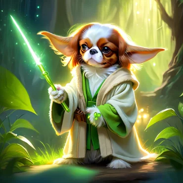 A Cavalier King Charles Spaniel dressed as Yoda, holding a green lightsaber, standing in a mystical forest setting.